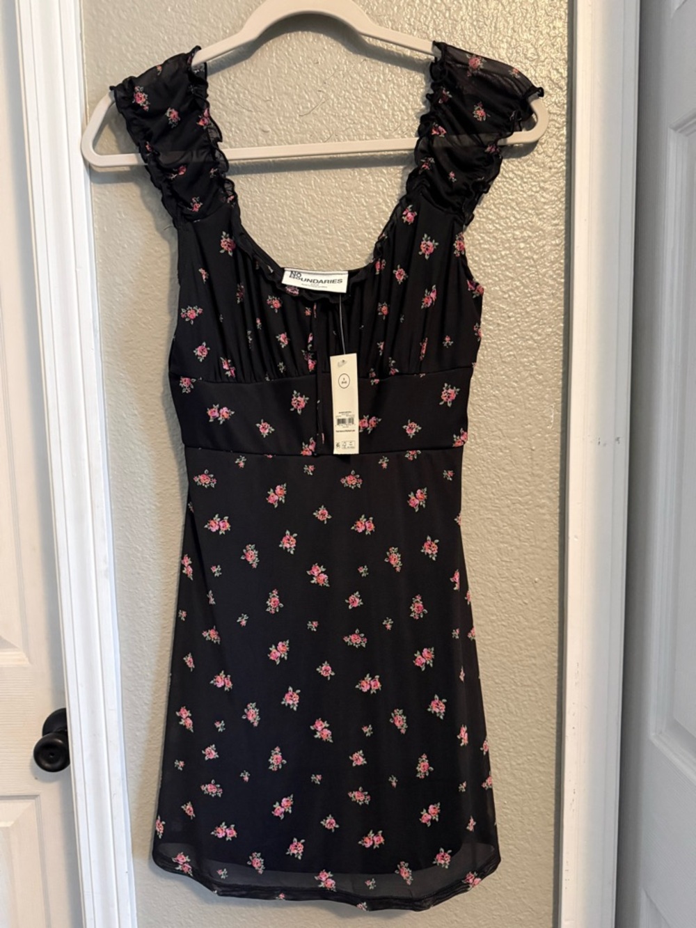 No Boundaries Black Mesh with Pink Floral Print Mini Dress (XS)